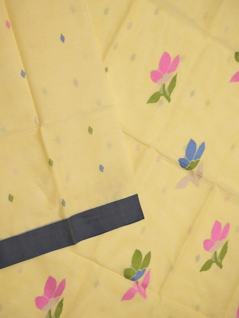 Khadhi cotton saree light yellow color allover butis & small kaddi border with weaving pallu and plain blouse