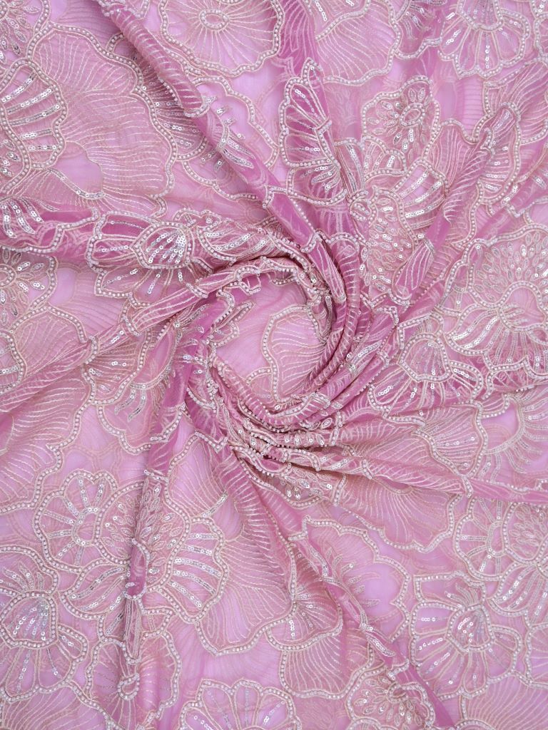 Onion pink color net fabric with allover embroidery work