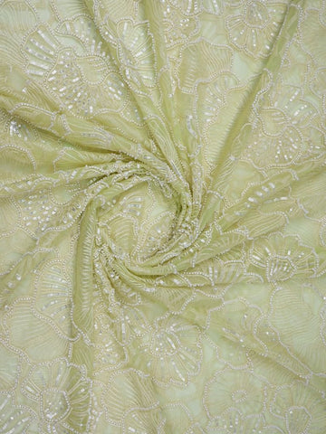 Light pista green color net fabric with allover embroidery work