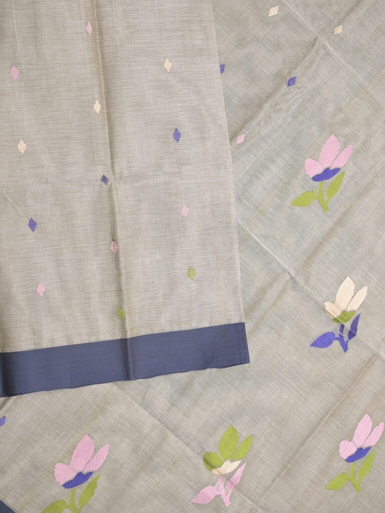 Khadhi cotton saree light grey color allover butis & small kaddi border with weaving pallu and plain blouse