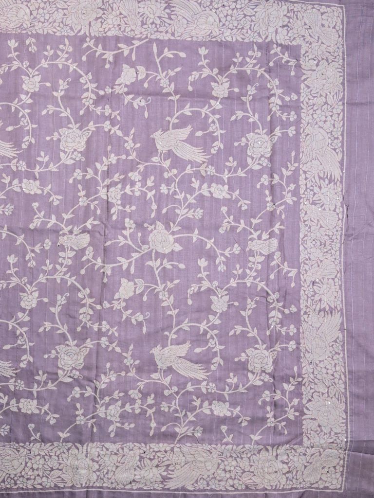 Tussar fancy saree lavender color allover embroidery & embroidery border with running pallu and attached plain blouse