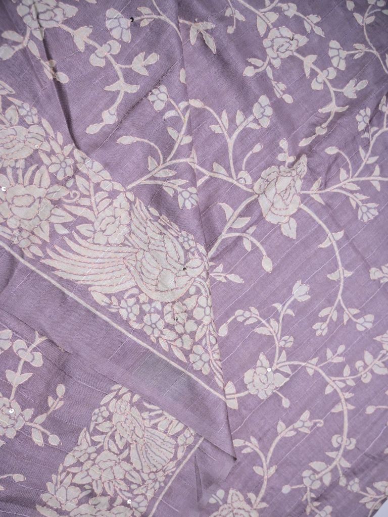 Tussar fancy saree lavender color allover embroidery & embroidery border with running pallu and attached plain blouse