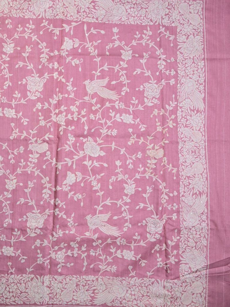 Tussar fancy saree baby pink color allover embroidery & embroidery border with running pallu and attached plain blouse