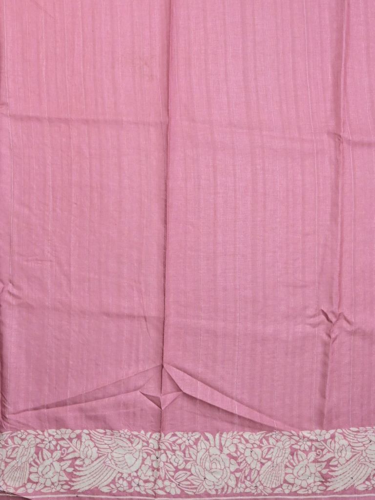 Tussar fancy saree baby pink color allover embroidery & embroidery border with running pallu and attached plain blouse