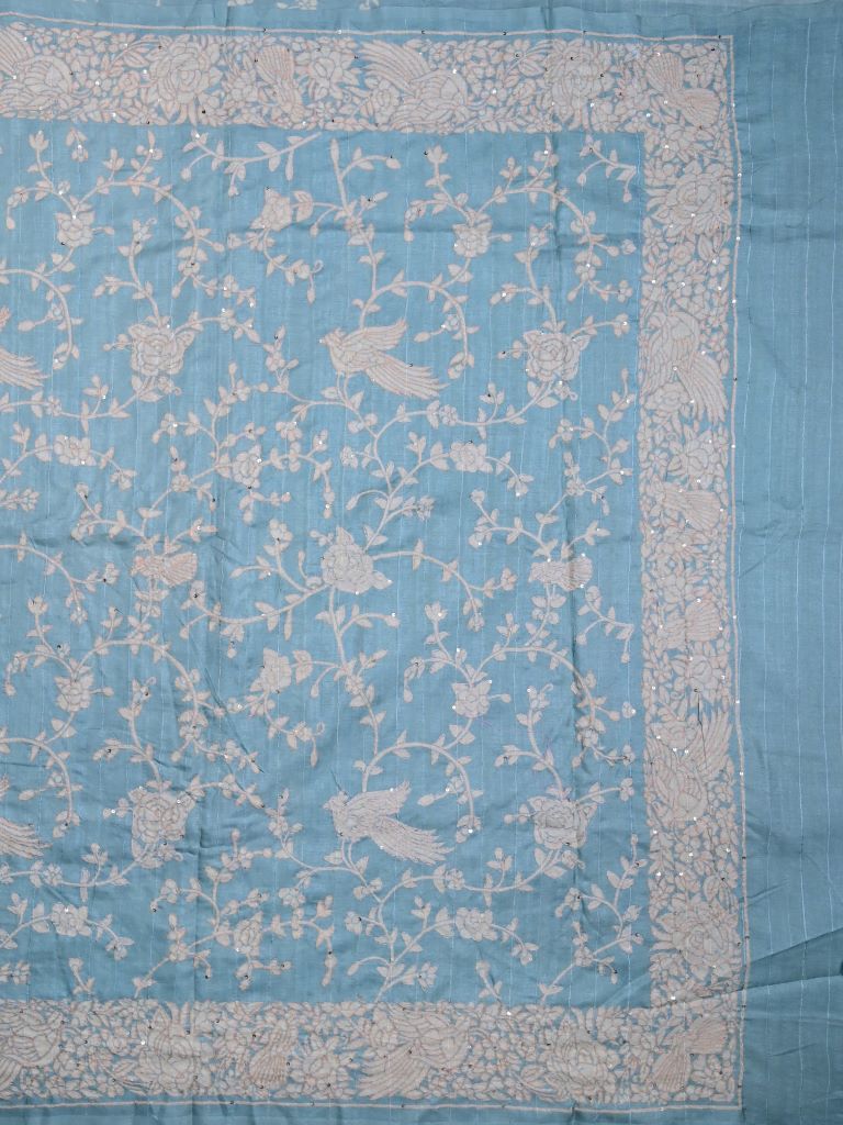 Tussar fancy saree sky blue color allover embroidery & embroidery border with running pallu and attached plain blouse