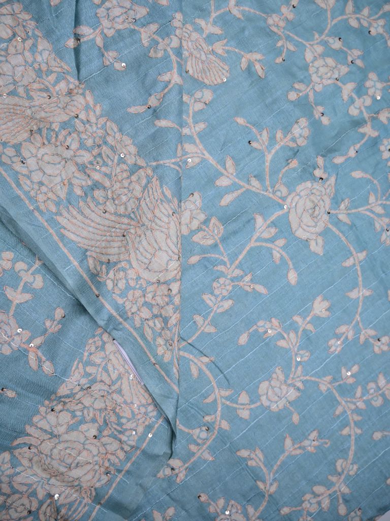 Tussar fancy saree sky blue color allover embroidery & embroidery border with running pallu and attached plain blouse