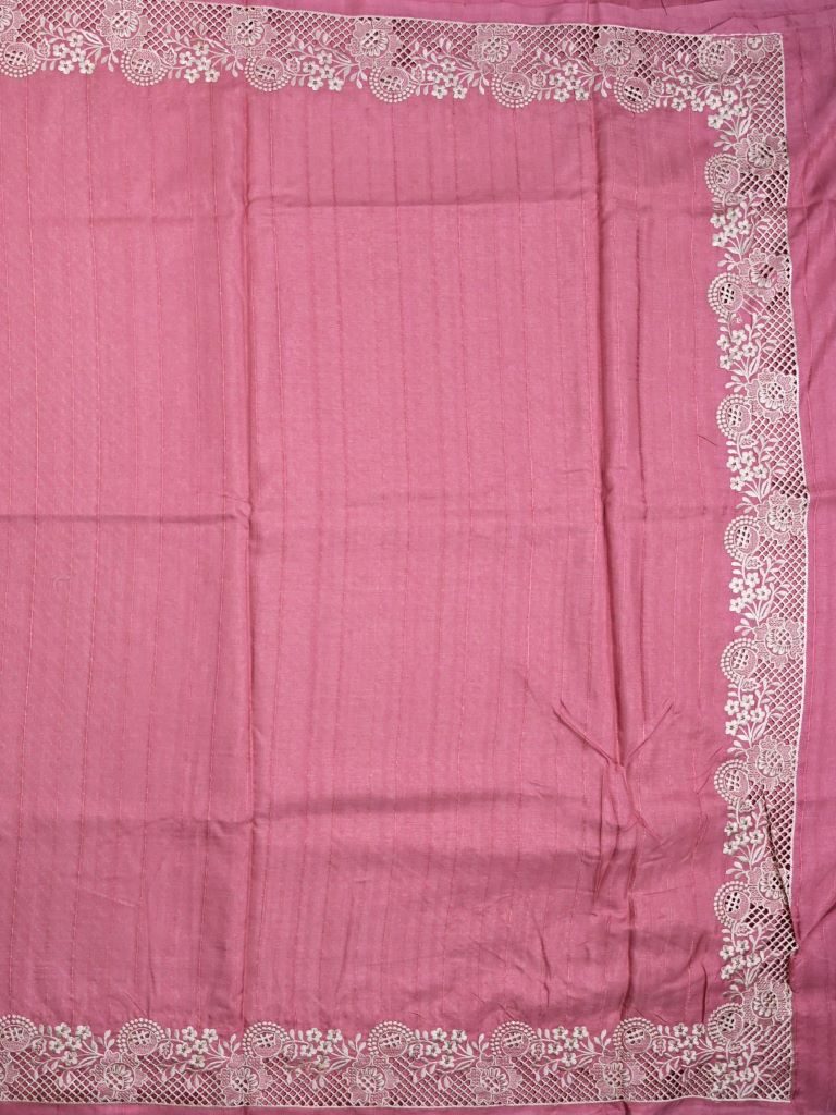 Tussar fancy saree baby pink color allover plain & embroidery border with running pallu and attached plain blouse