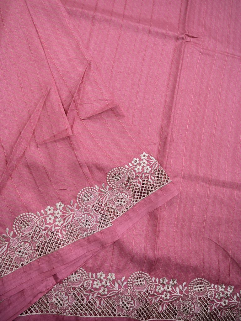 Tussar fancy saree baby pink color allover plain & embroidery border with running pallu and attached plain blouse