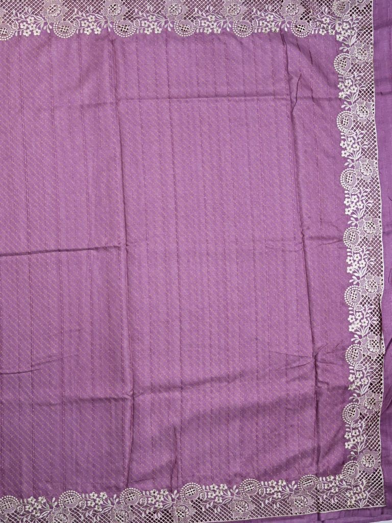 Tussar fancy saree purple color allover plain & embroidery border with running pallu and attached plain blouse