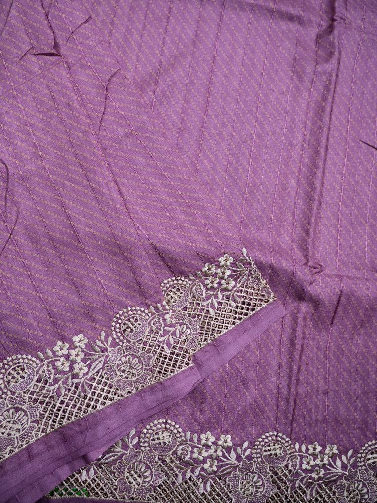 Tussar fancy saree purple color allover plain & embroidery border with running pallu and attached plain blouse