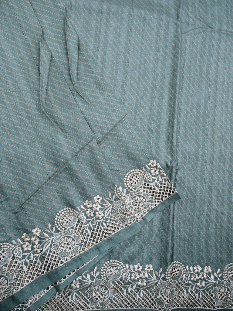 Tussar fancy saree grey color allover plain & embroidery border with running pallu and attached plain blouse