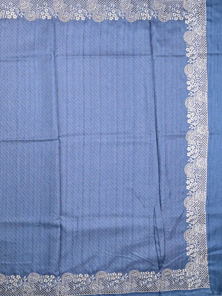 Tussar fancy saree sky blue color allover plain & embroidery border with running pallu and attached plain blouse