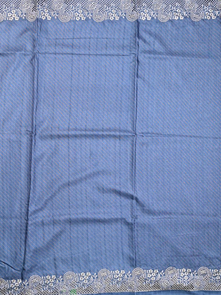 Tussar fancy saree sky blue color allover plain & embroidery border with running pallu and attached plain blouse