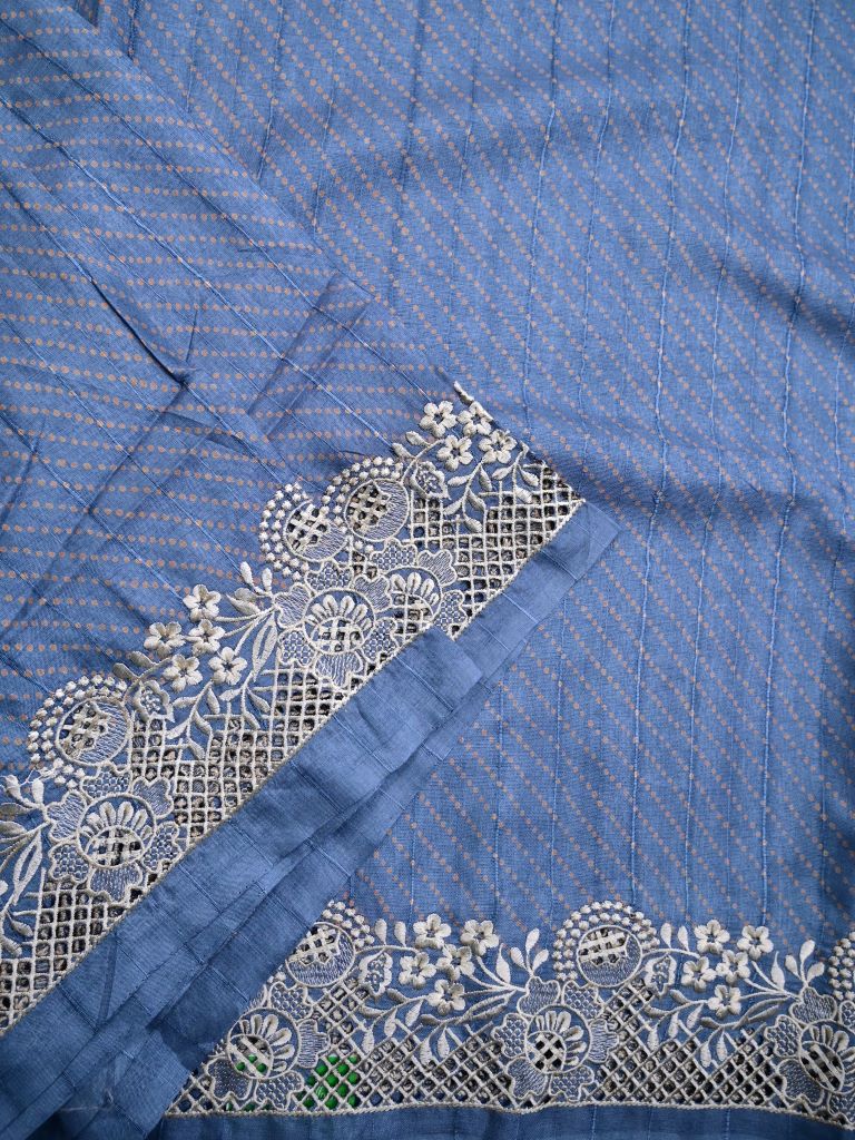 Tussar fancy saree sky blue color allover plain & embroidery border with running pallu and attached plain blouse