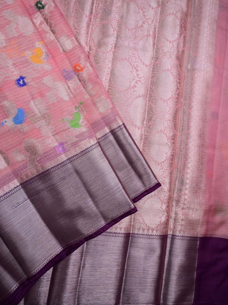 Silk kota fancy saree baby pink color allover weaves & zari border with rich pallu and attached brocade blouse