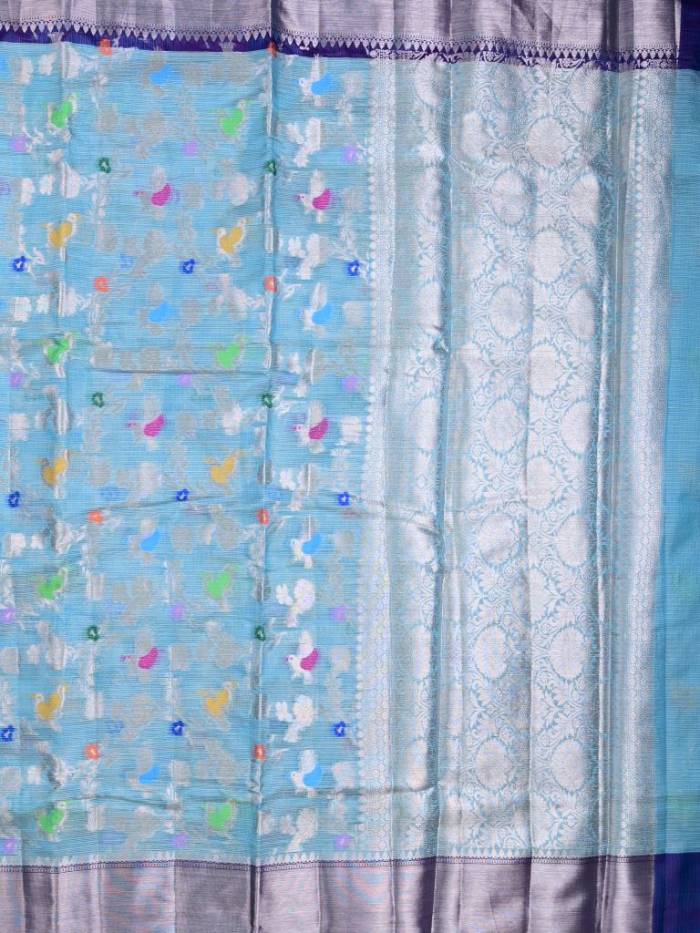 Silk kota fancy saree sky blue color allover weaves & zari border with rich pallu and attached brocade blouse