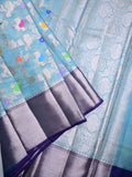 Silk kota fancy saree sky blue color allover weaves & zari border with rich pallu and attached brocade blouse