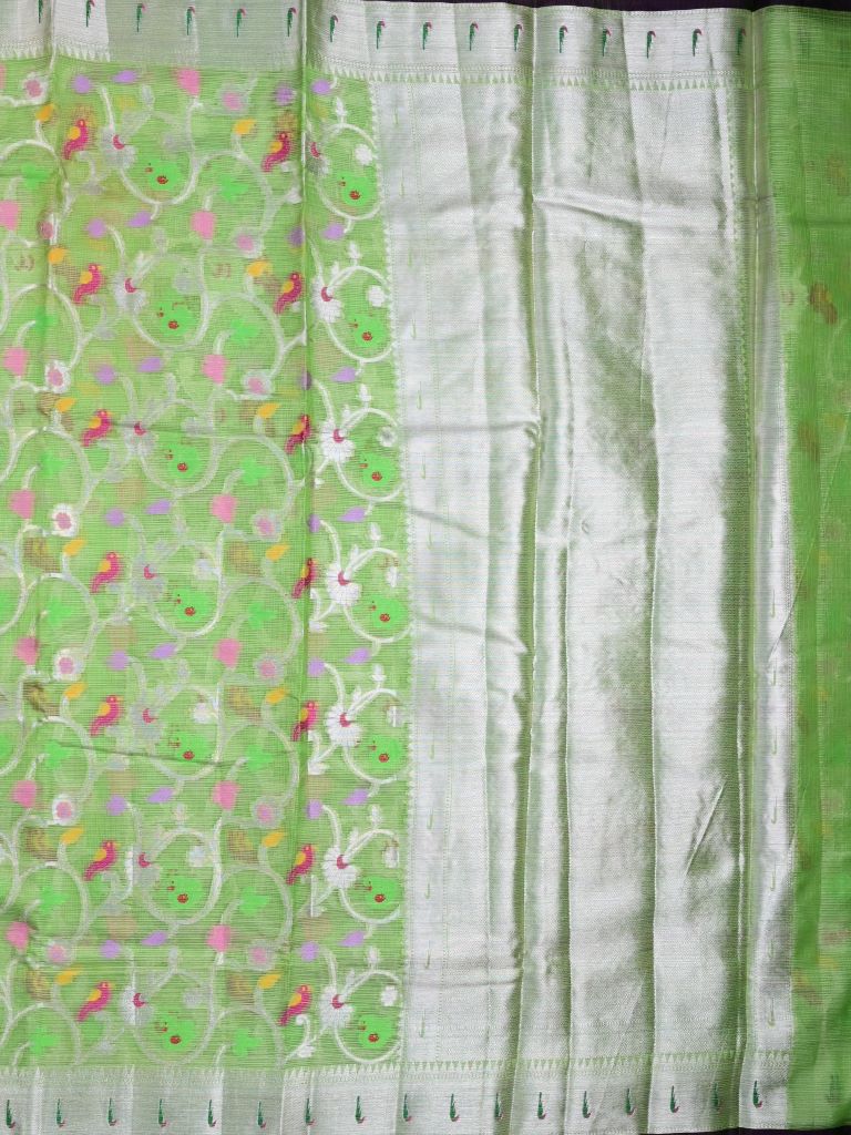 Silk kota fancy saree parrot green color allover weaves & zari border with rich pallu and attached brocade blouse