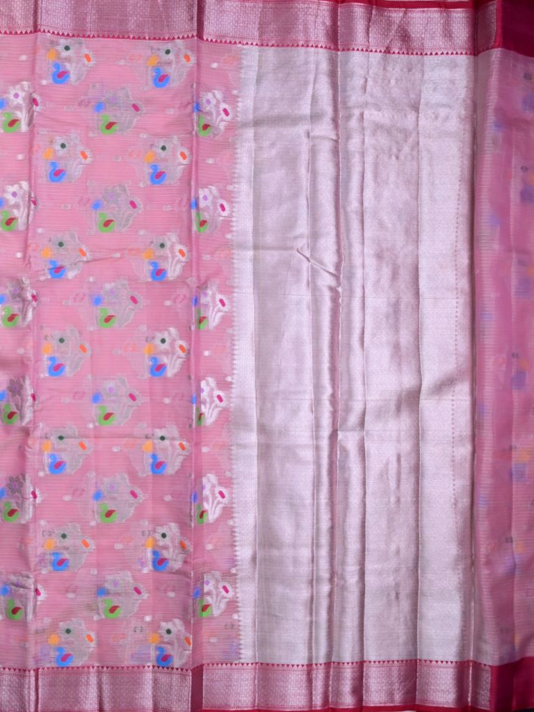 Silk kota fancy saree baby pink color allover weaves & zari border with rich pallu and attached brocade blouse