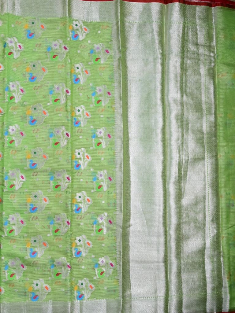 Silk kota fancy saree parrot green color allover weaves & zari border with rich pallu and attached brocade blouse