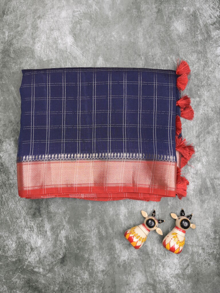 Maheshwari fancy saree navy blue color allover checks & zari border with contrast pallu and attached blouse