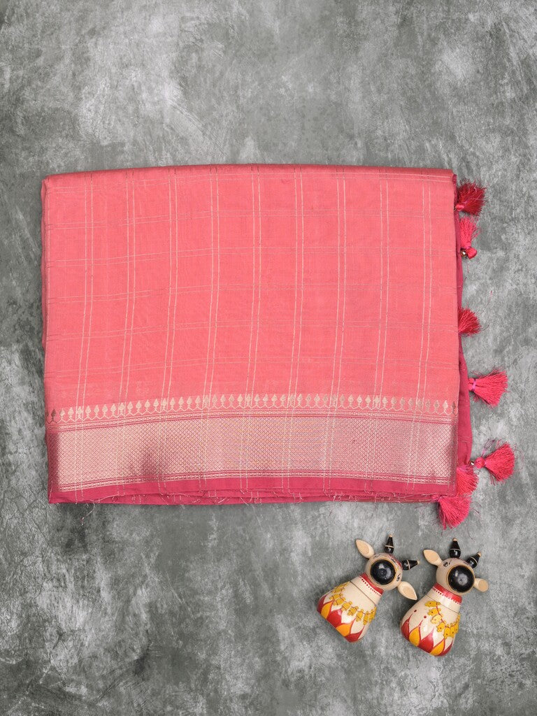 Maheshwari fancy saree baby pink color allover checks & zari border with contrast pallu and attached blouse