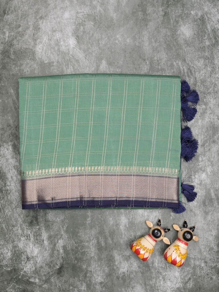 Maheshwari fancy saree lux green color allover checks & zari border with contrast pallu and attached blouse
