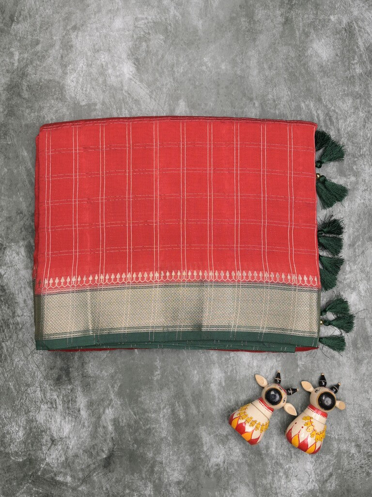 Maheshwari fancy saree red color allover checks & zari border with contrast pallu and attached blouse