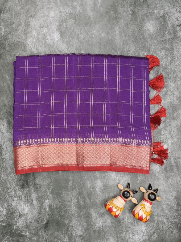 Maheshwari fancy saree purple color allover checks & zari border with contrast pallu and attached blouse