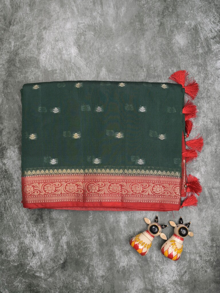 Maheshwari fancy saree dark green color allover zari motifs & zari border with contrast pallu and attached blouse