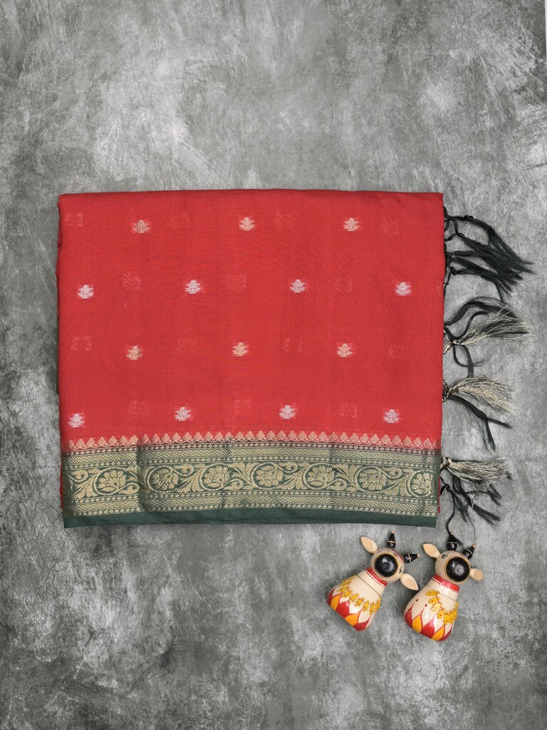 Maheshwari fancy saree red color allover zari motifs & zari border with contrast pallu and attached blouse