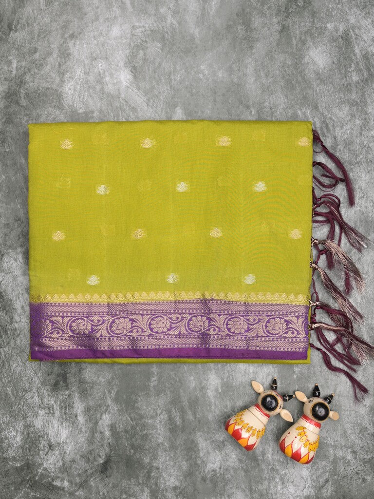 Maheshwari fancy saree parrot green color allover zari motifs & zari border with contrast pallu and attached blouse