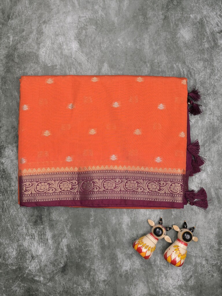 Maheshwari fancy saree orange color allover zari motifs & zari border with contrast pallu and attached blouse