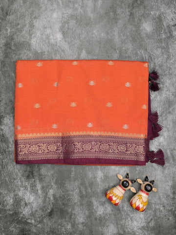 Maheshwari fancy saree orange color allover zari motifs & zari border with contrast pallu and attached blouse