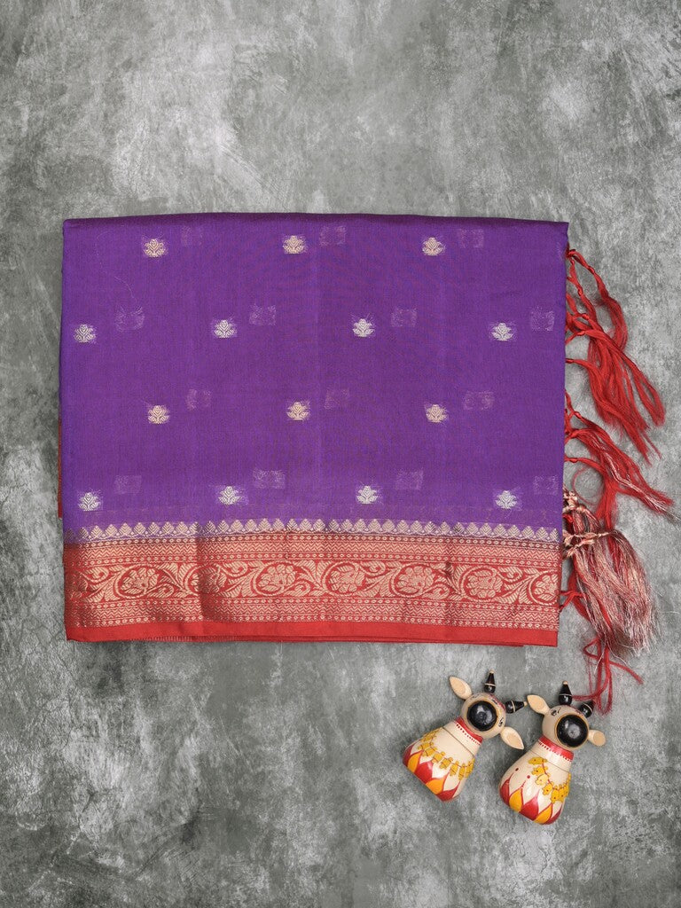 Maheshwari fancy saree purple color allover zari motifs & zari border with contrast pallu and attached blouse