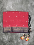 Maheshwari fancy saree pink color allover zari motifs & zari border with contrast pallu and attached blouse