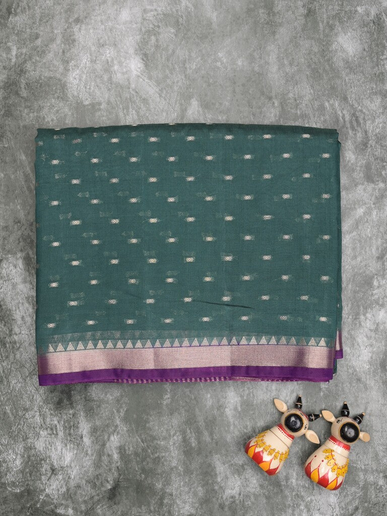 Maheshwari fancy saree peacock green color allover zari motifs & zari border with contrast pallu and attached blouse