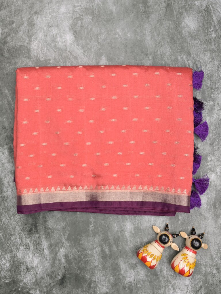 Maheshwari fancy saree coral pink color allover zari motifs & zari border with contrast pallu and attached blouse