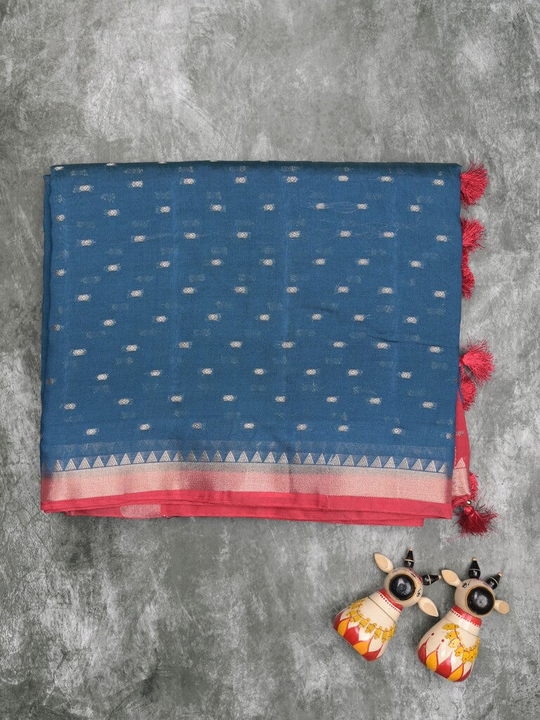 Maheshwari fancy saree blue color allover zari motifs & zari border with contrast pallu and attached blouse