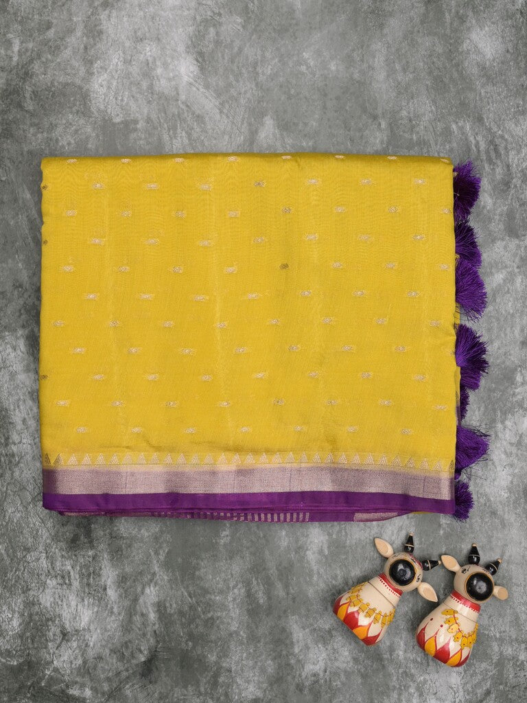 Maheshwari fancy saree yellow color allover zari motifs & zari border with contrast pallu and attached blouse