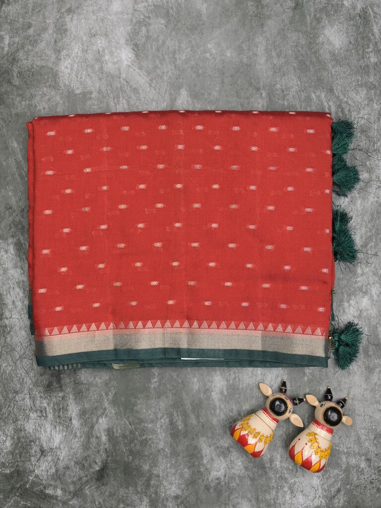 Maheshwari fancy saree red color allover zari motifs & zari border with contrast pallu and attached blouse