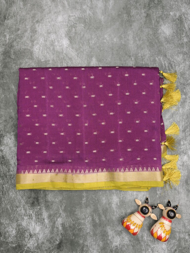 Maheshwari fancy saree dark purple color allover zari motifs & zari border with contrast pallu and attached blouse