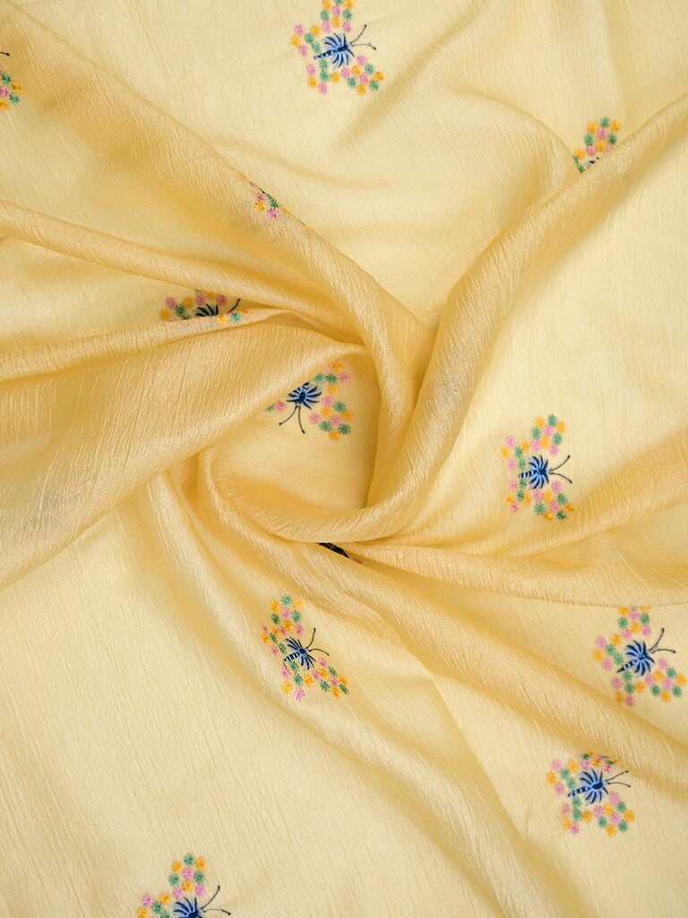 Organza crush fancy saree light yellow color allover embroidery & fancy embroidery border with running pallu and contrast blouse