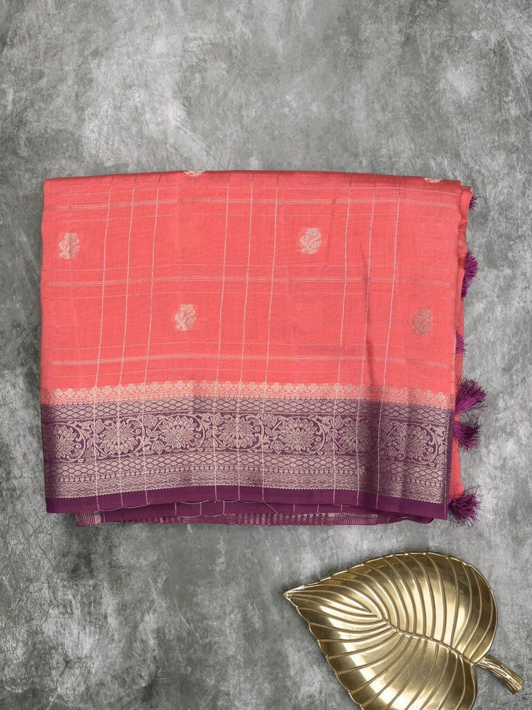 Maheshwari fancy saree coral pink color allover checks, zari motifs & zari border with contrast pallu and attached blouse
