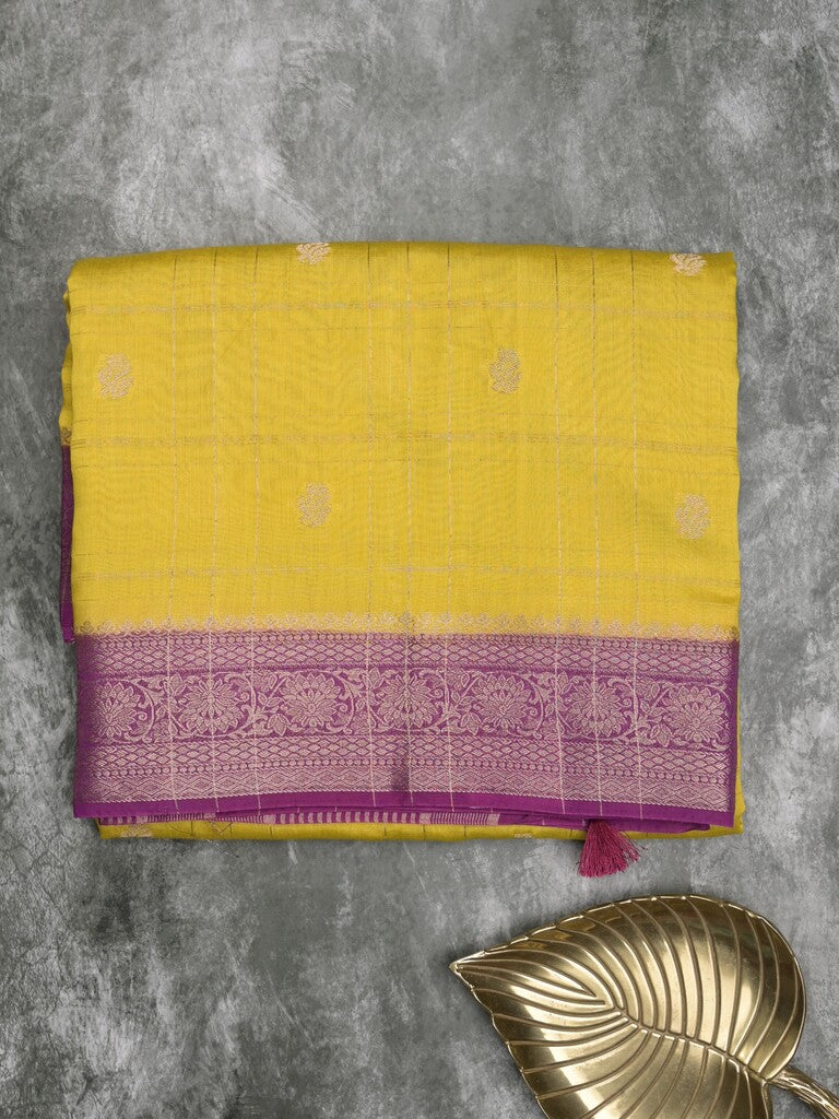 Maheshwari fancy saree yellow color allover checks, zari motifs & zari border with contrast pallu and attached blouse