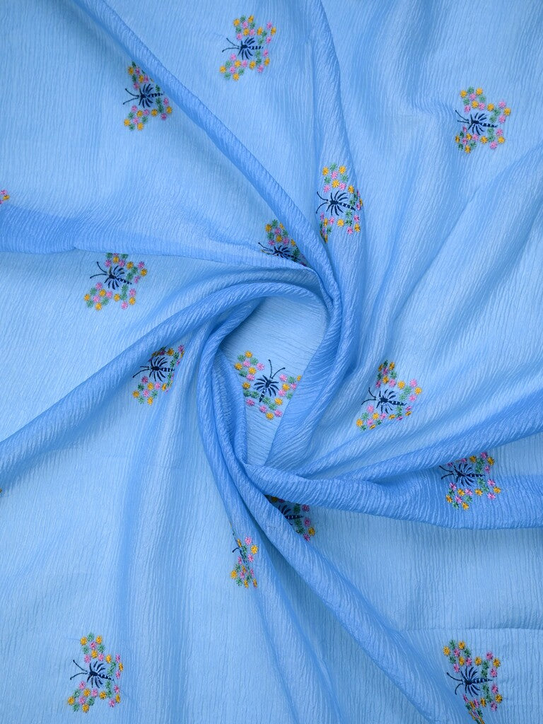 Organza crush fancy saree light blue color allover embroidery & fancy embroidery border with running pallu and contrast blouse