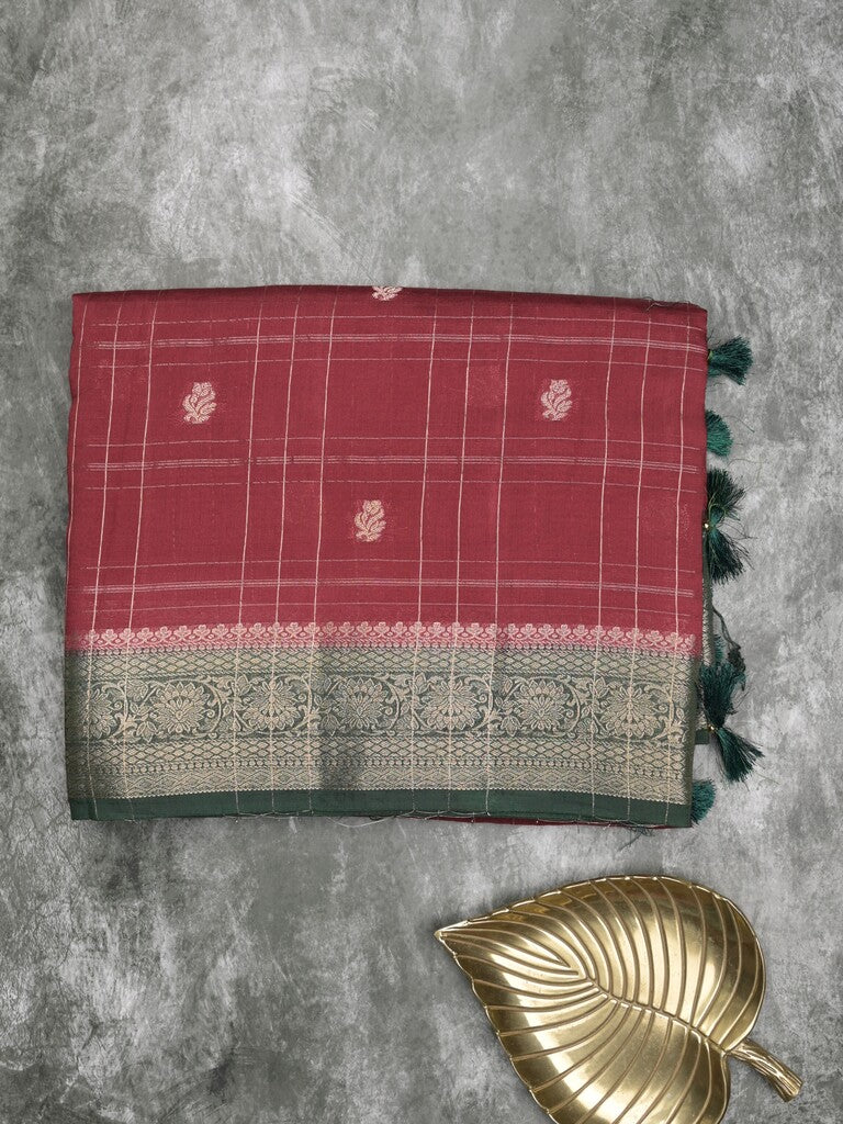 Maheshwari fancy saree maroon color allover checks, zari motifs & zari border with contrast pallu and attached blouse