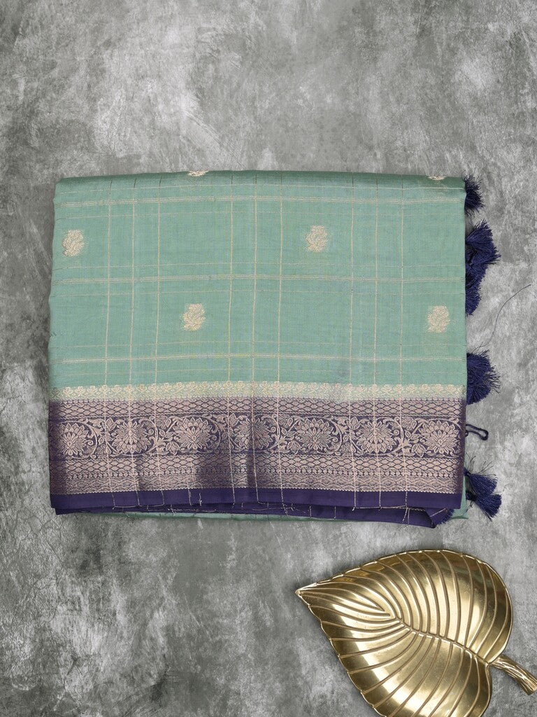 Maheshwari fancy saree lux green color allover checks, zari motifs & zari border with contrast pallu and attached blouse