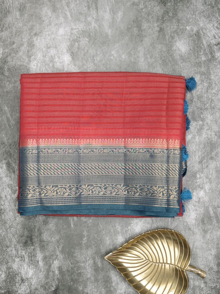 Maheshwari fancy saree red color allover stripes & zari border with contrast pallu and attached plain blouse
