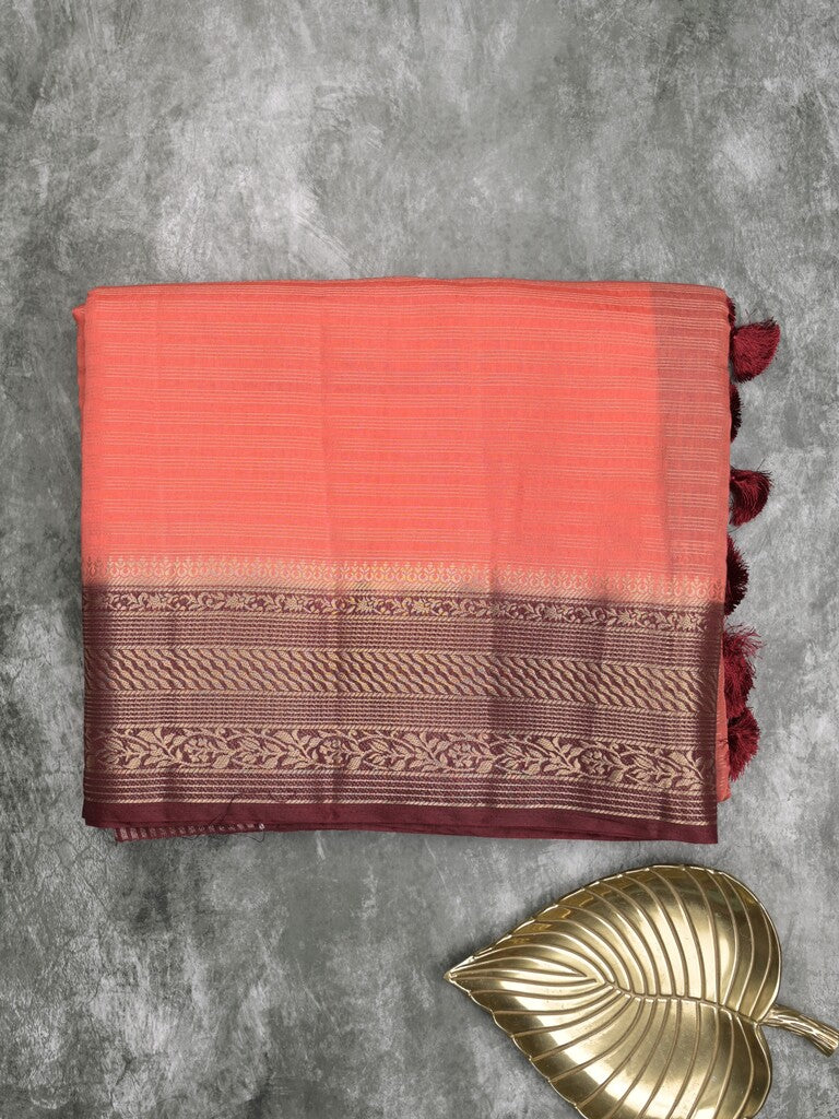 Maheshwari fancy saree peach color allover stripes & zari border with contrast pallu and attached plain blouse